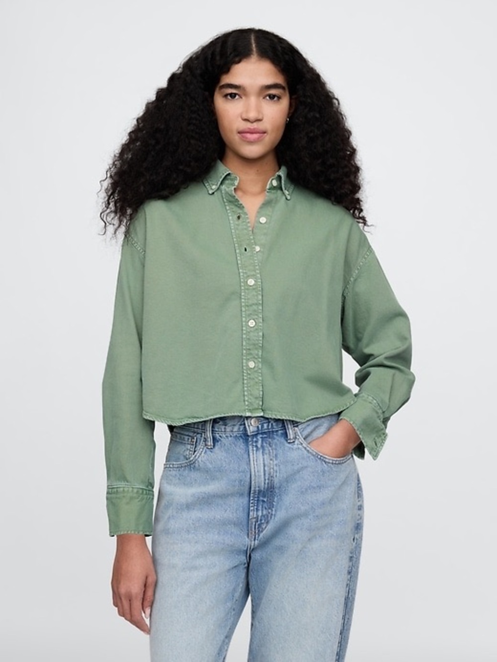 GAP UltraSoft Denim Crop Big Shirt Twill Green